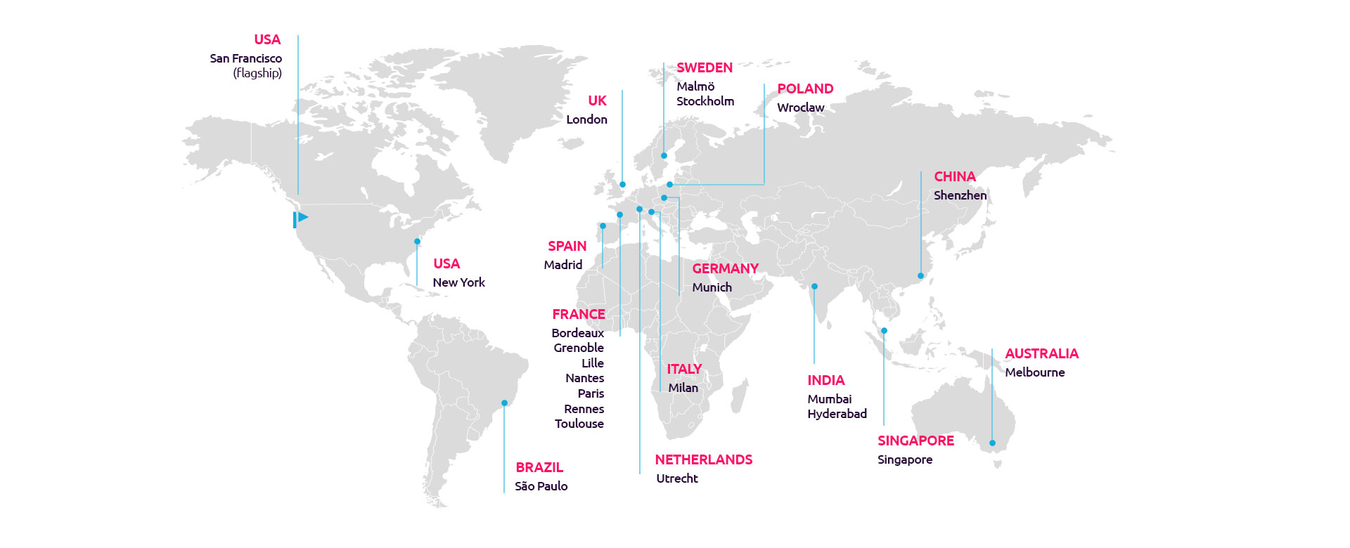 Mapa 26 escritórios espalhados pelo mundo do Capgemini Applied Innovation Exchange