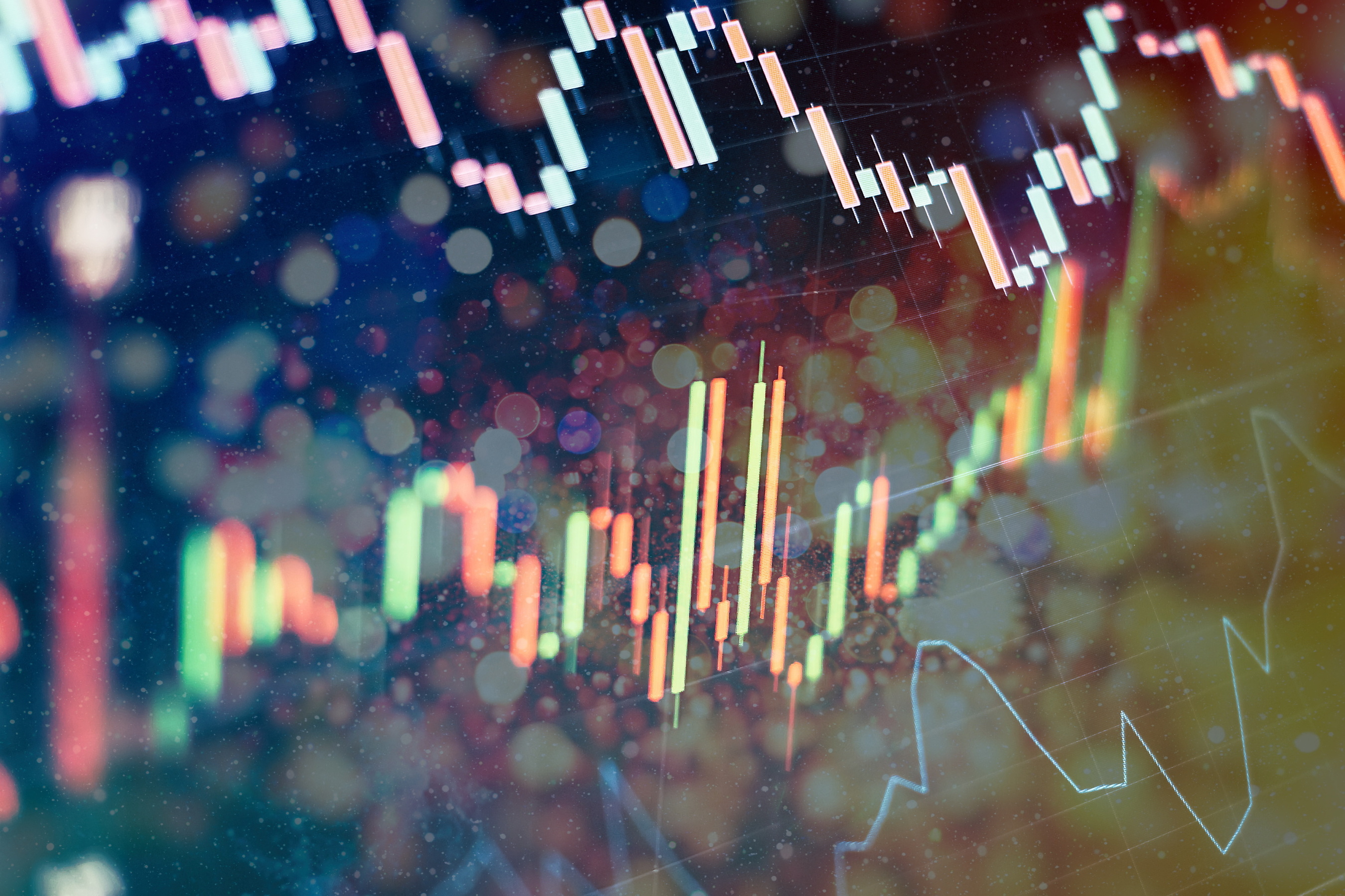 Stock market and fintech. Blurry blue digital charts over dark blue background. Futuristic financial interface.