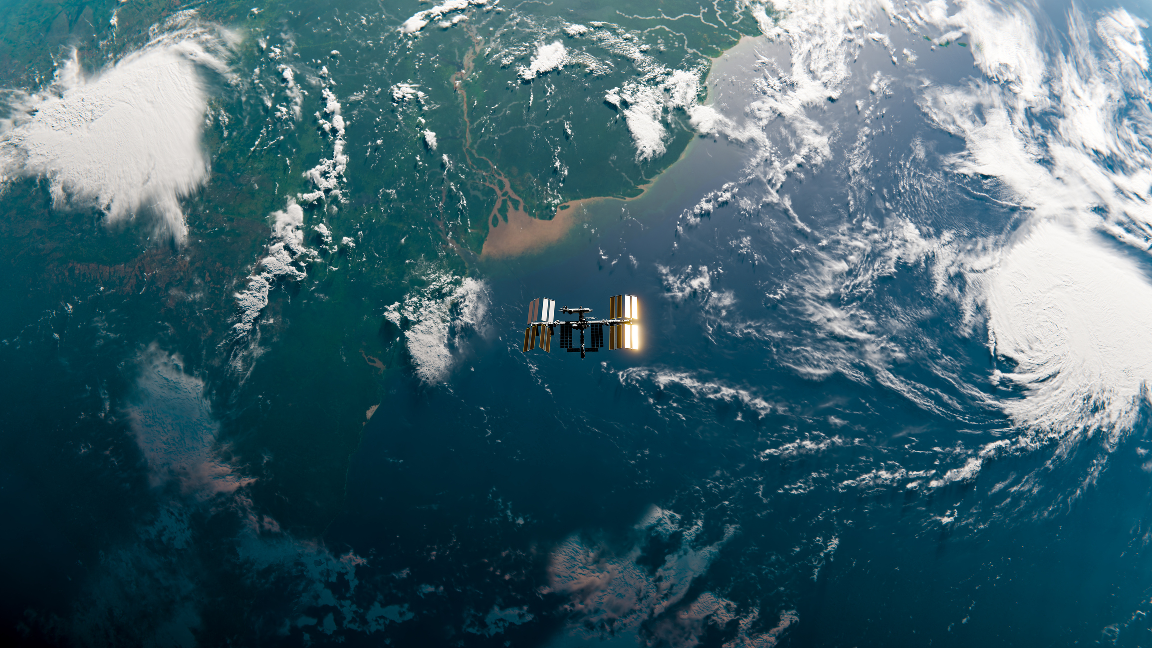International Space Station (ISS) Orbit in Space over Amazon River - SpaceX & NASA Research - 3D Rendering